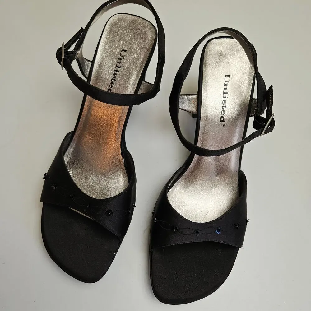 Y2K Unlisted Wedge Heels Women's 10 Black Satin Sequin Ankle Strap‎ Sandals